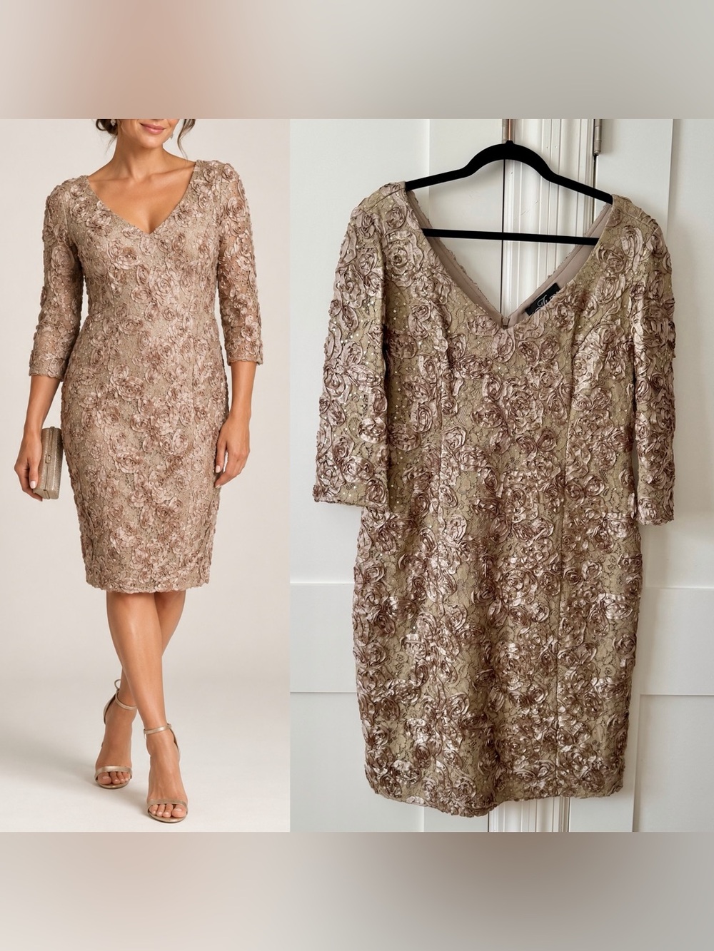 Alex Evenings 3D Rosette Lace Sequin Cocktail Dress Gold Sz 14